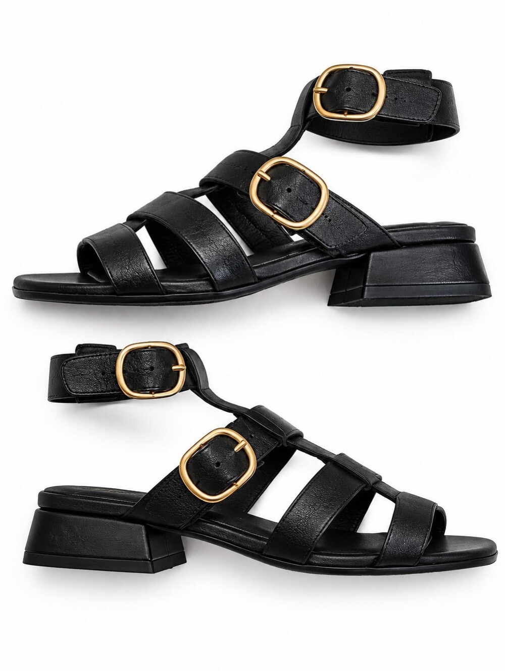 Steve Madden Aylin Black Leather Strappy Sandals Gold Buckles Size 7.5 NEW